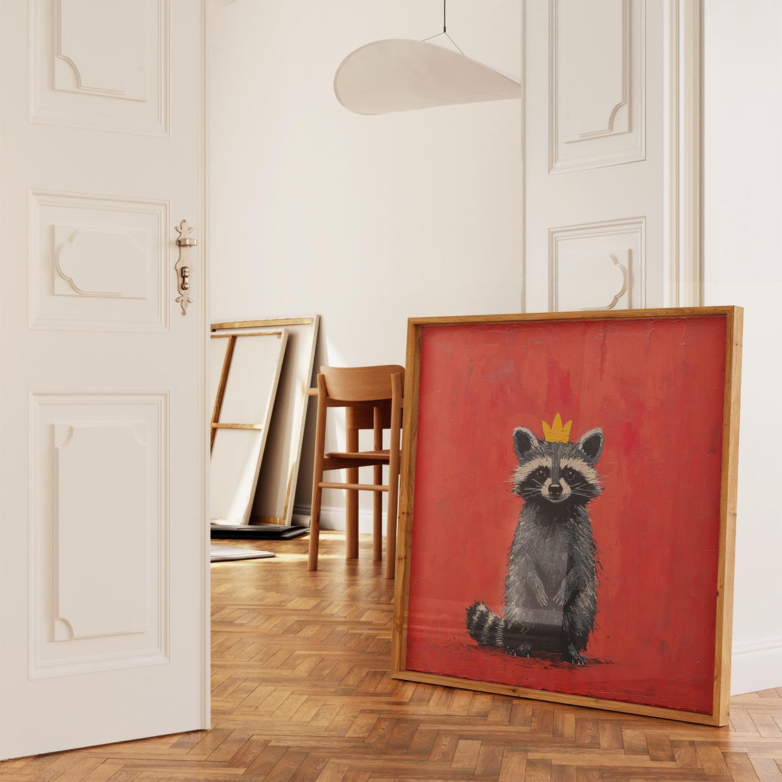 Raccoon Wearing Tiny Gold Crown on Bold Red Pop Art Background Poster - Image 3