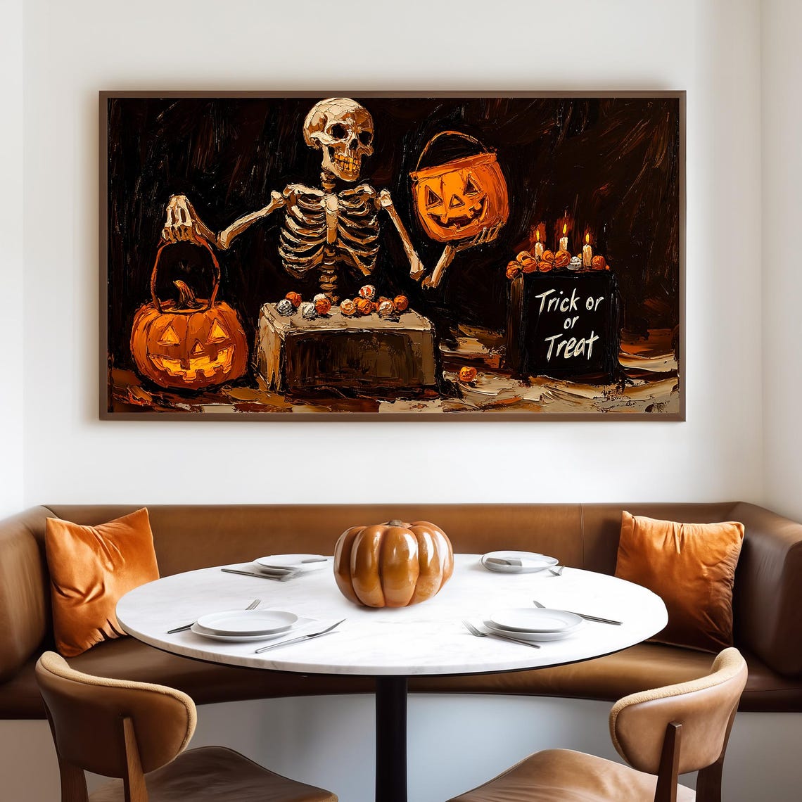 Skeleton Offering Candy Beside a Trick or Treat Sign Halloween Poster - Image 4