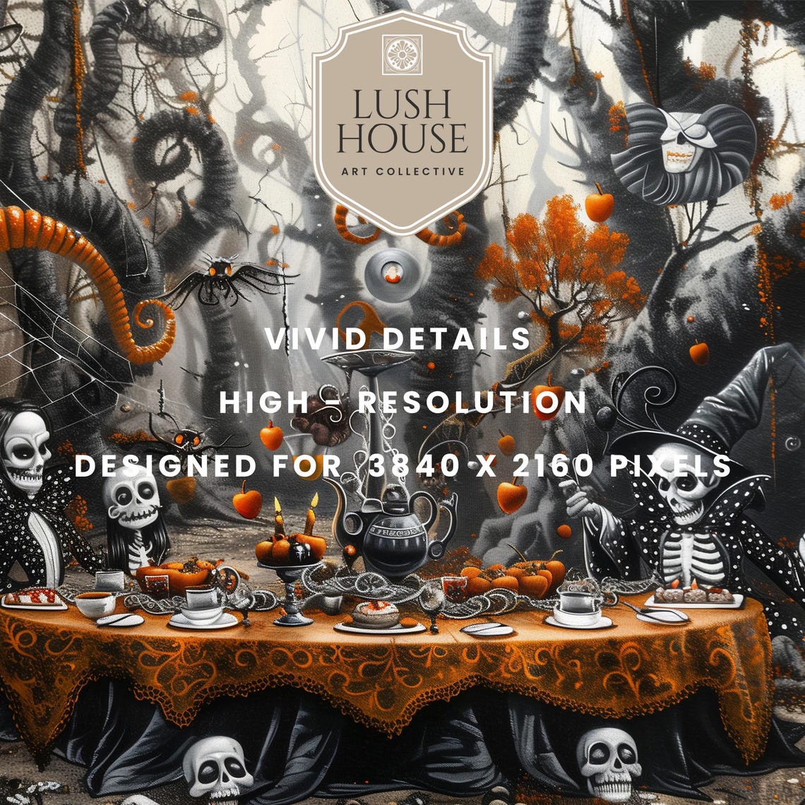 Skeleton Halloween Tea Party With Candy Canes in Dark Forest Poster - Image 3