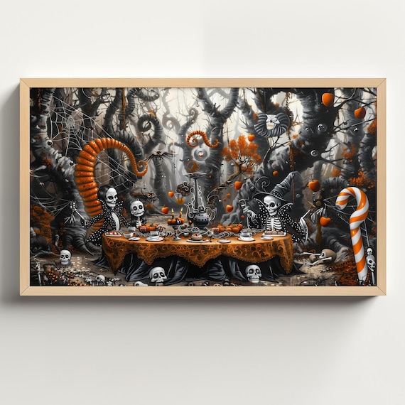 Skeleton Halloween Tea Party With Candy Canes in Dark Forest Poster