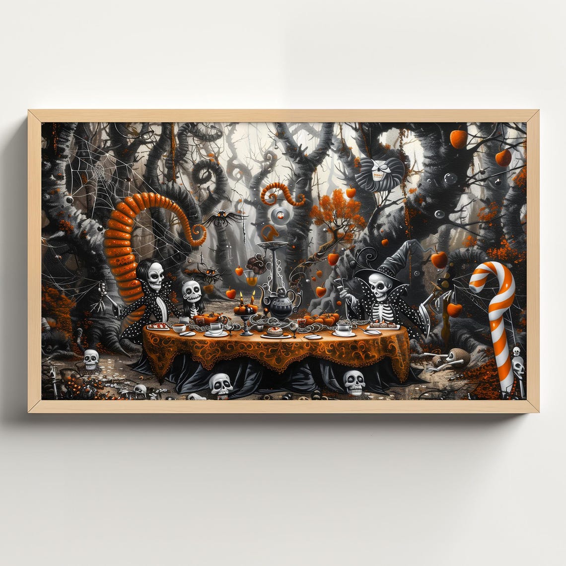 Skeleton Halloween Tea Party With Candy Canes in Dark Forest Poster