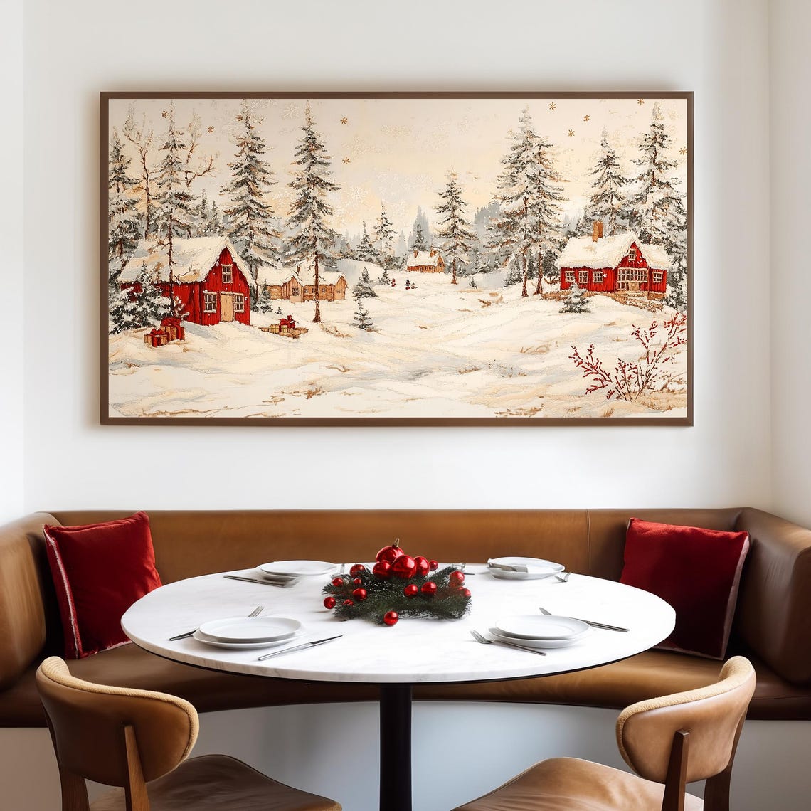 Red Barns in a Snowy Pine Forest Winter Village Christmas Poster - Image 4