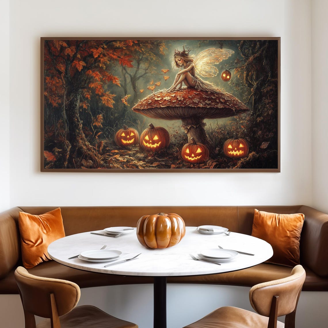 Autumn Fairy on a Red Mushroom Surrounded by Jack O Lanterns Poster - Image 4