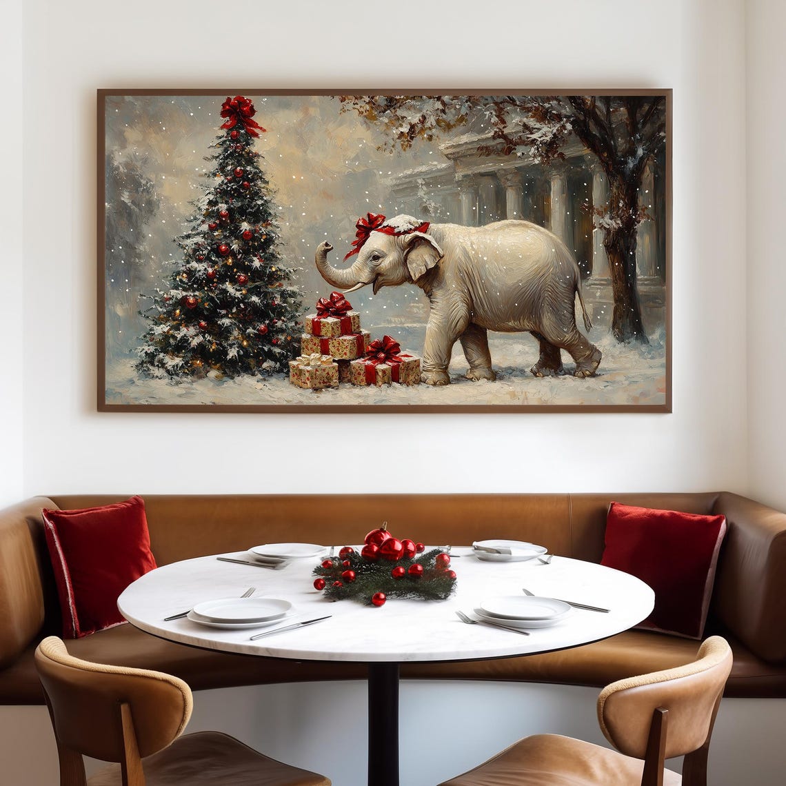 White Elephant With Red Bow Beside Christmas Tree Snowy Art Poster - Image 4