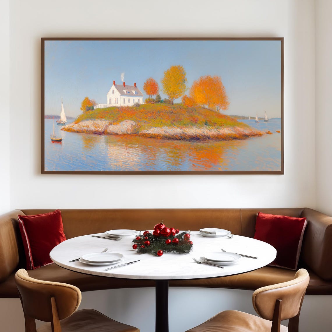 White Cottage Island Autumn Trees Sailboats Coastal Landscape Poster - Image 4