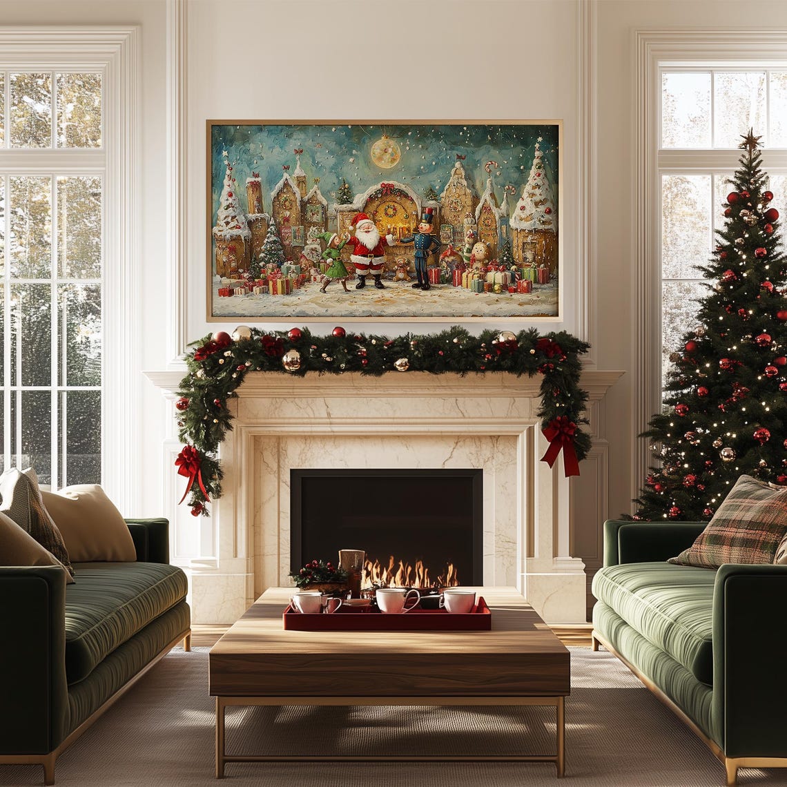 Santa Celebrating with an Elf and Nutcracker in a Candy Village Poster - Image 5