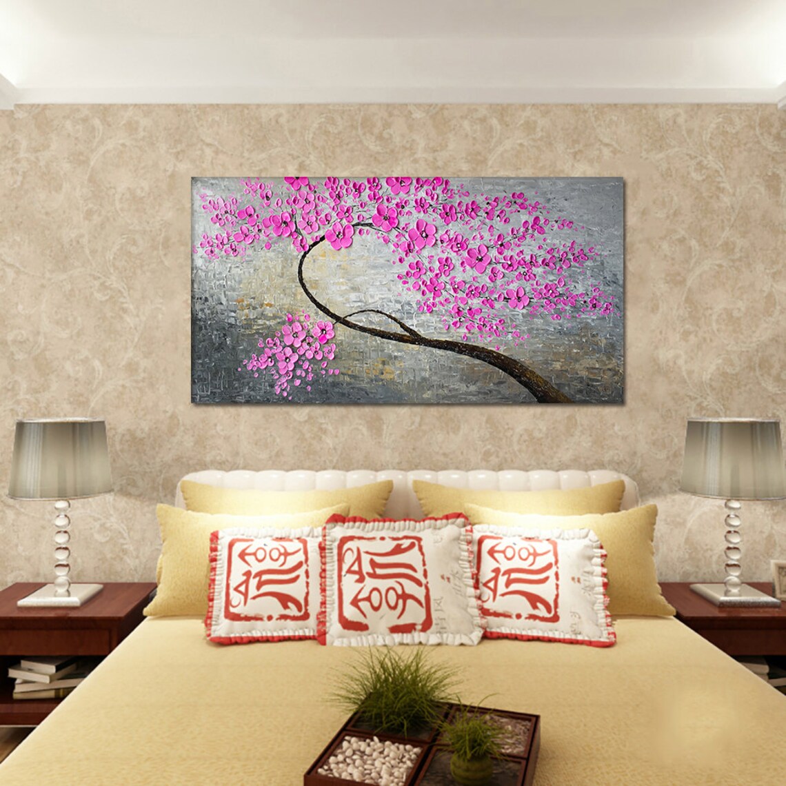 Pink Blossom Branch Sculpted Impasto Painting on Grey Textured Poster - Image 3