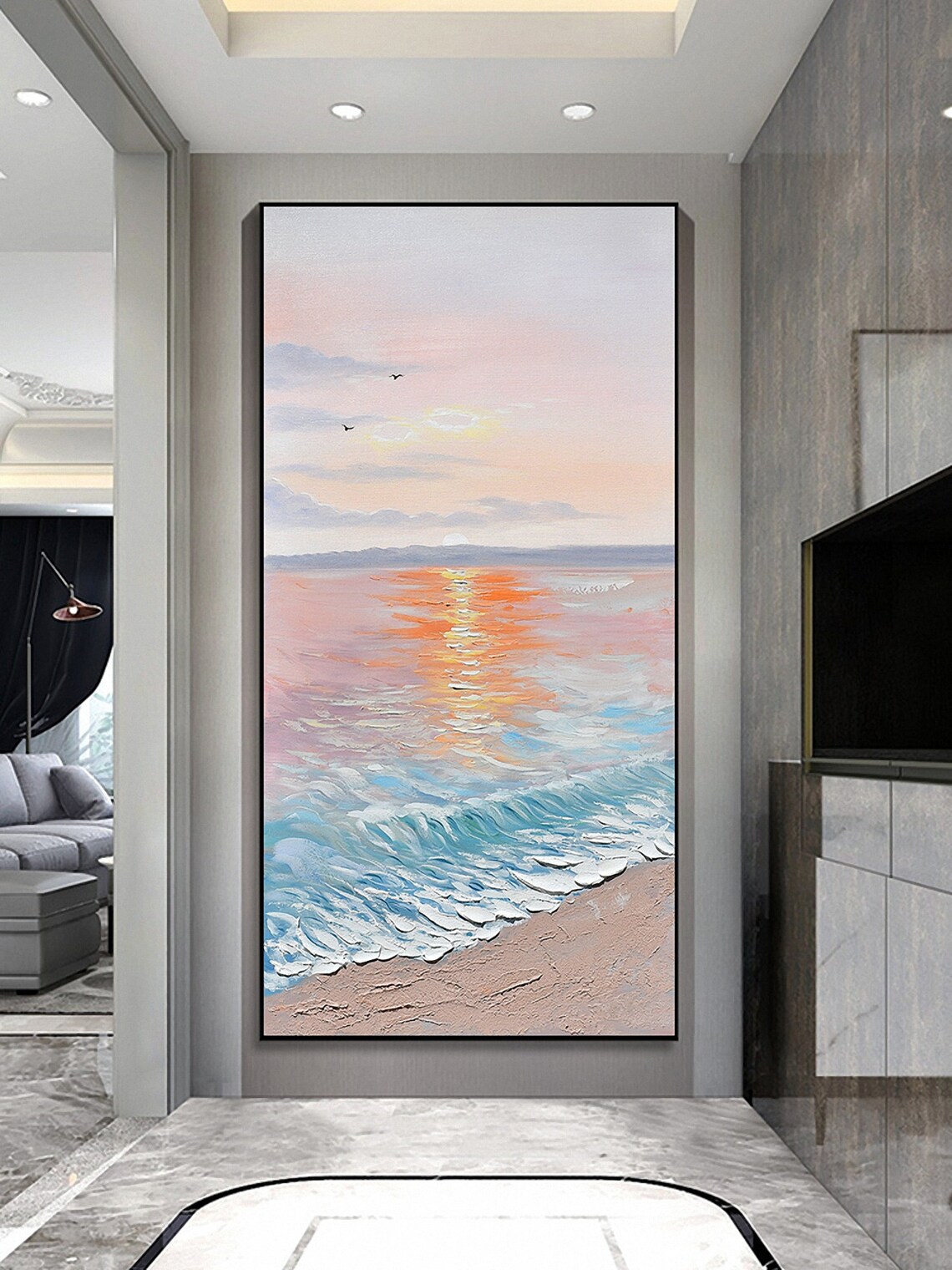 Serene Soft Pastel Beach Sunrise Waves Minimalist Ocean Art Poster - Image 5