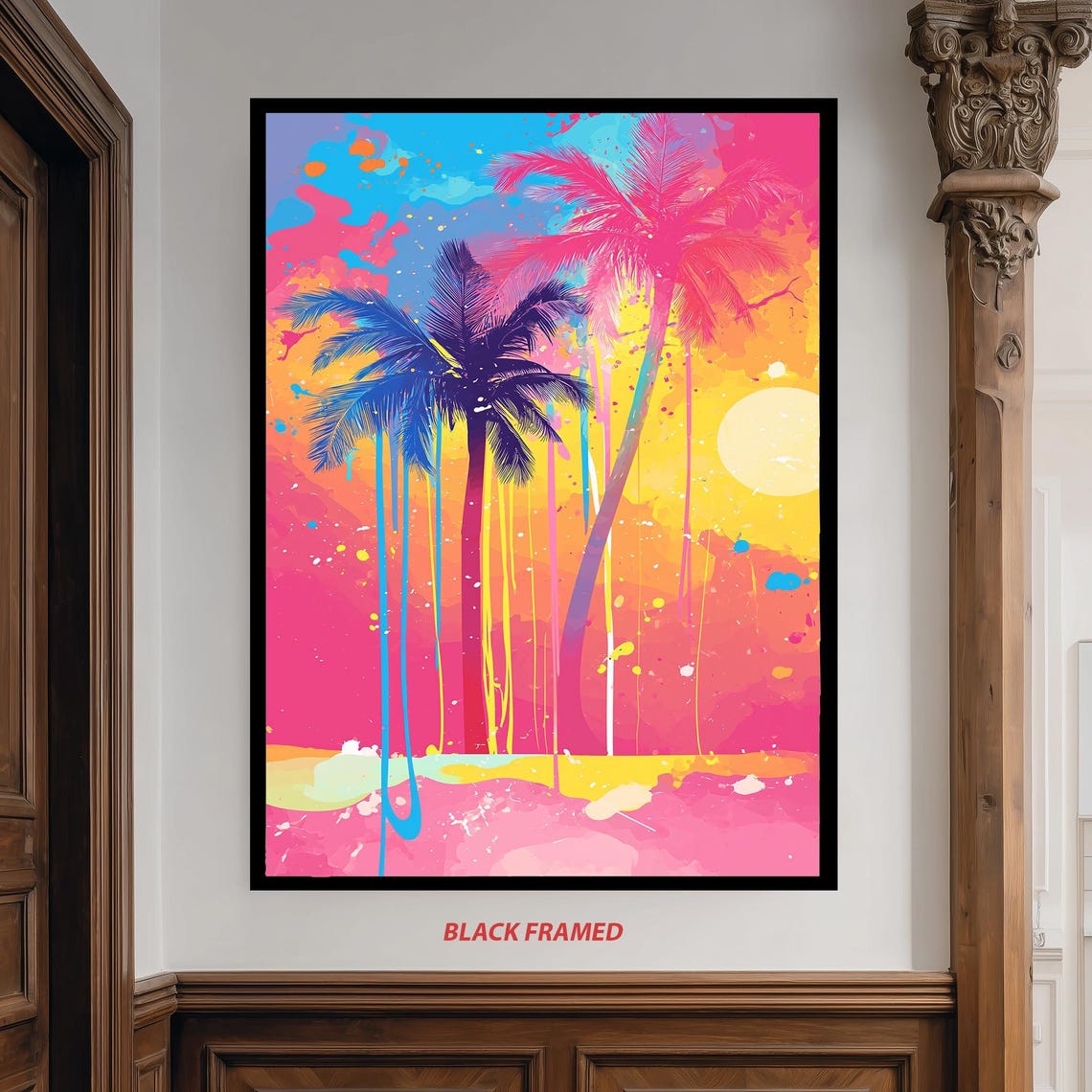 Neon Palm Trees Sunset Colorful Tropical Splash Painting Poster