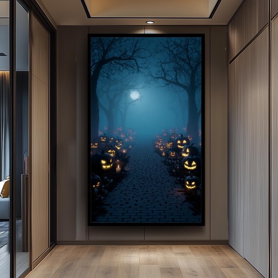 Creepy Halloween Path With Glowing Jackolanterns And Foggy Moonlit Forest Canvas Wall Art For Spooky Autumn Home Decor Living Room Print