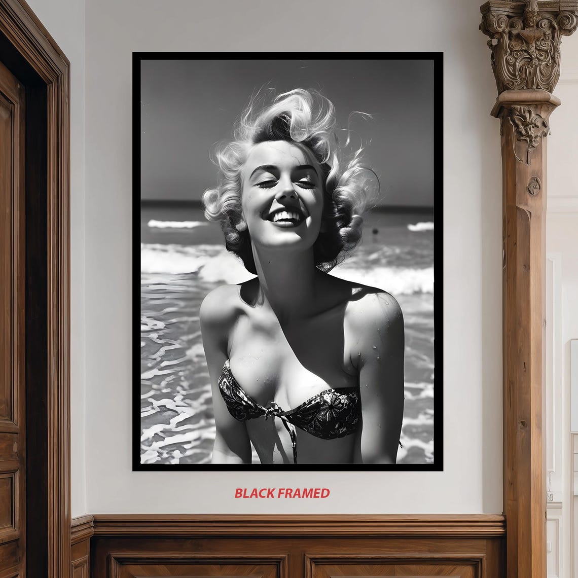 Marilyn Monroe Smiling Beach Bikini Black White Glamour Photo Poster