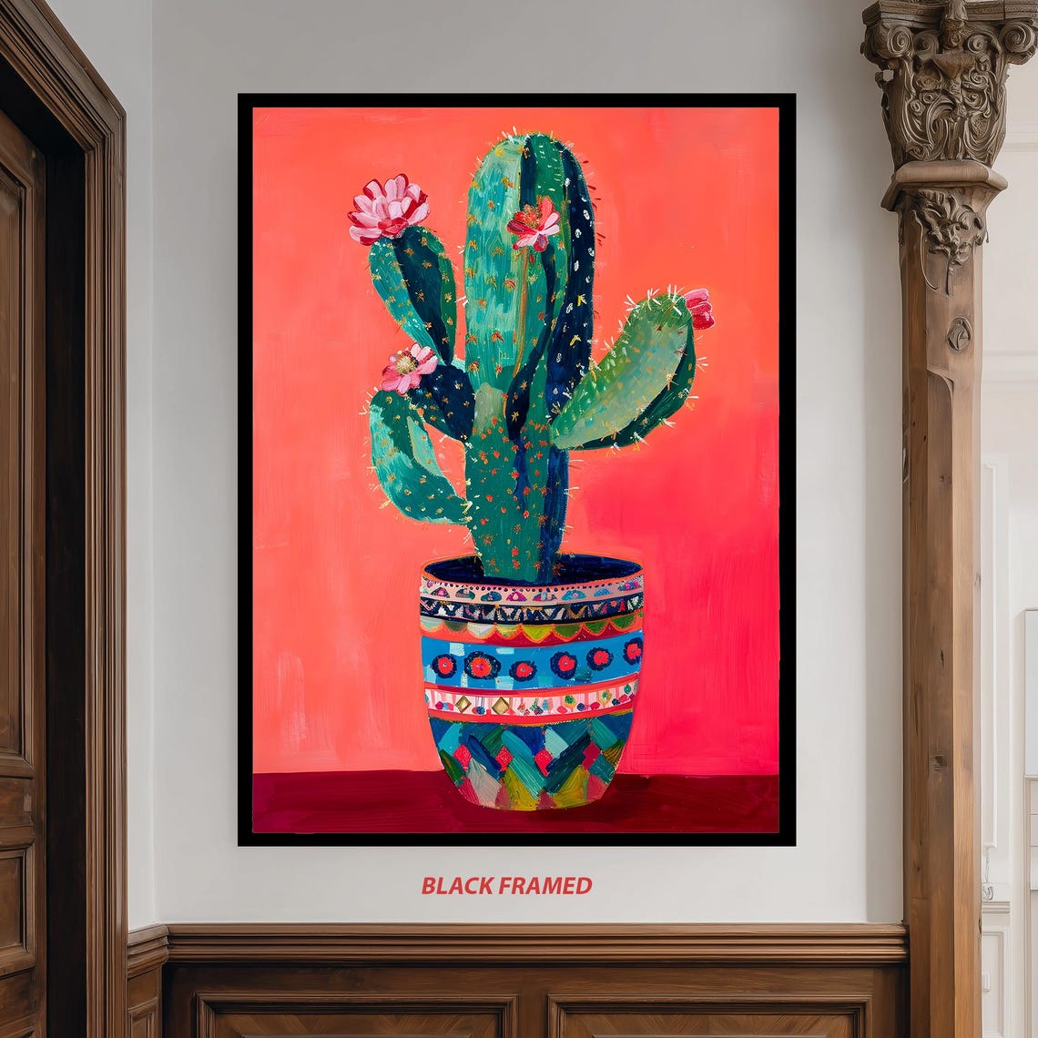 Colorful Blooming Cactus In Mexican Patterned Pot Coral Poster