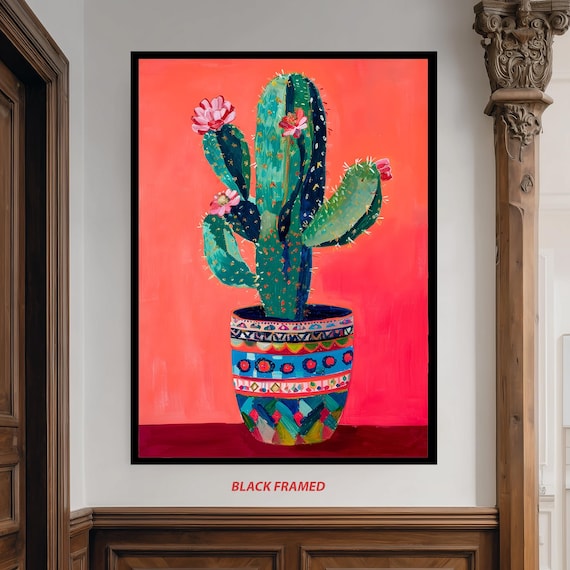 Colorful Blooming Cactus In Mexican Patterned Pot Coral Poster
