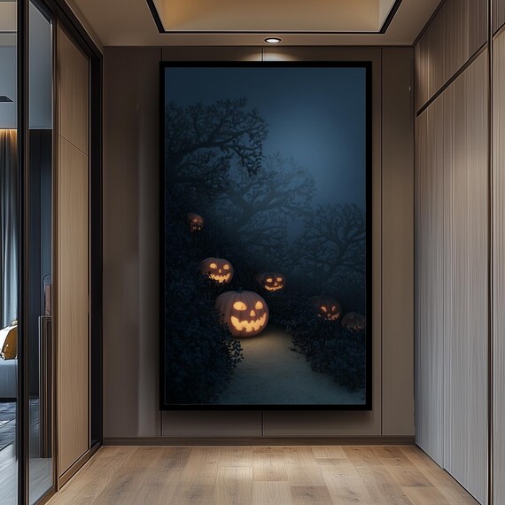 Glowing Jackolanterns Lining A Dark Forest Path Canvas Wall Art For Halloween And Spooky Autumn Interior Decoration Living Room Print