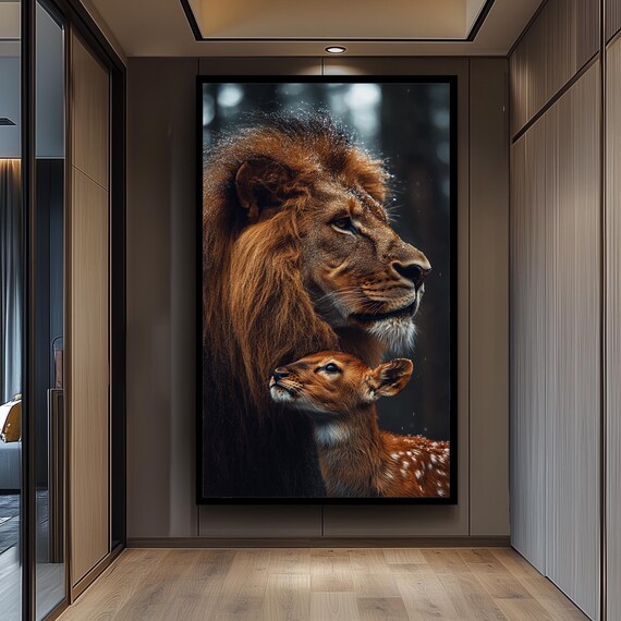 Majestic Lion And Baby Deer Wall Art Print Unique Wildlife Photography Poster Forest Animal Painting