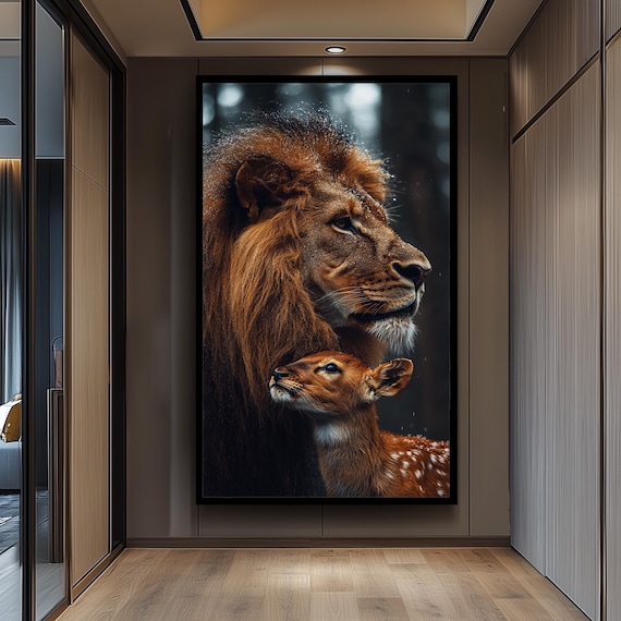 Majestic Lion and Baby Deer Wildlife Photography Portrait Poster