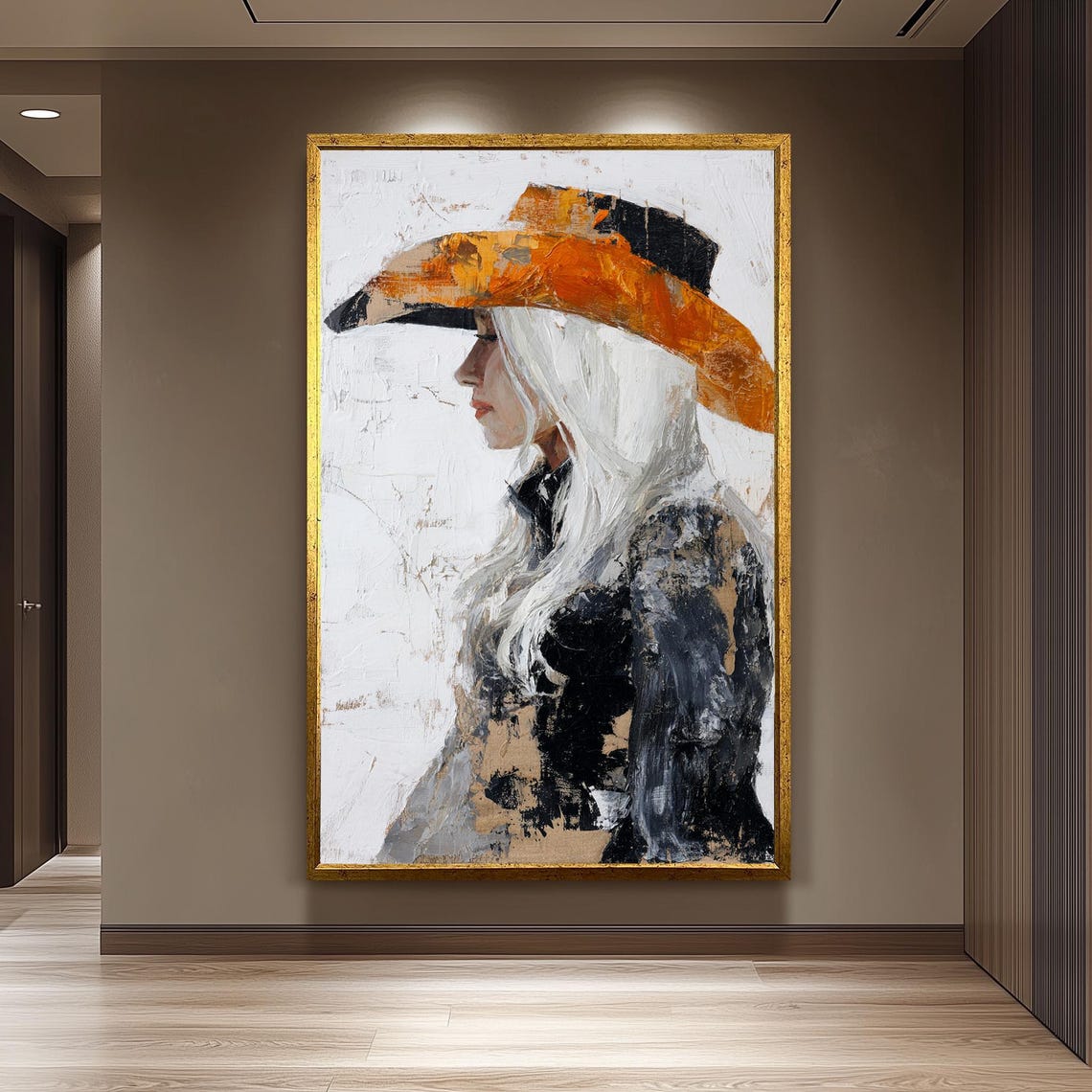 Cowgirl in Orange Cowboy Hat Profile Abstract Western Painting Poster