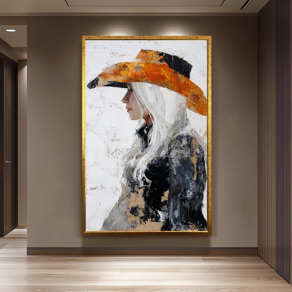 Cowgirl in Orange Cowboy Hat Profile Abstract Western Painting Poster