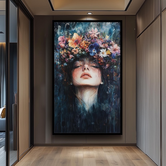 Surreal Woman With Floral Crown Dark Moody Oil Painting Portrait Poster