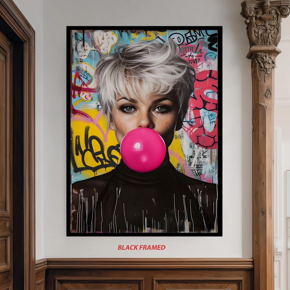 Short Hair Woman Bubblegum Bubble Pop Art Graffiti Portrait Poster