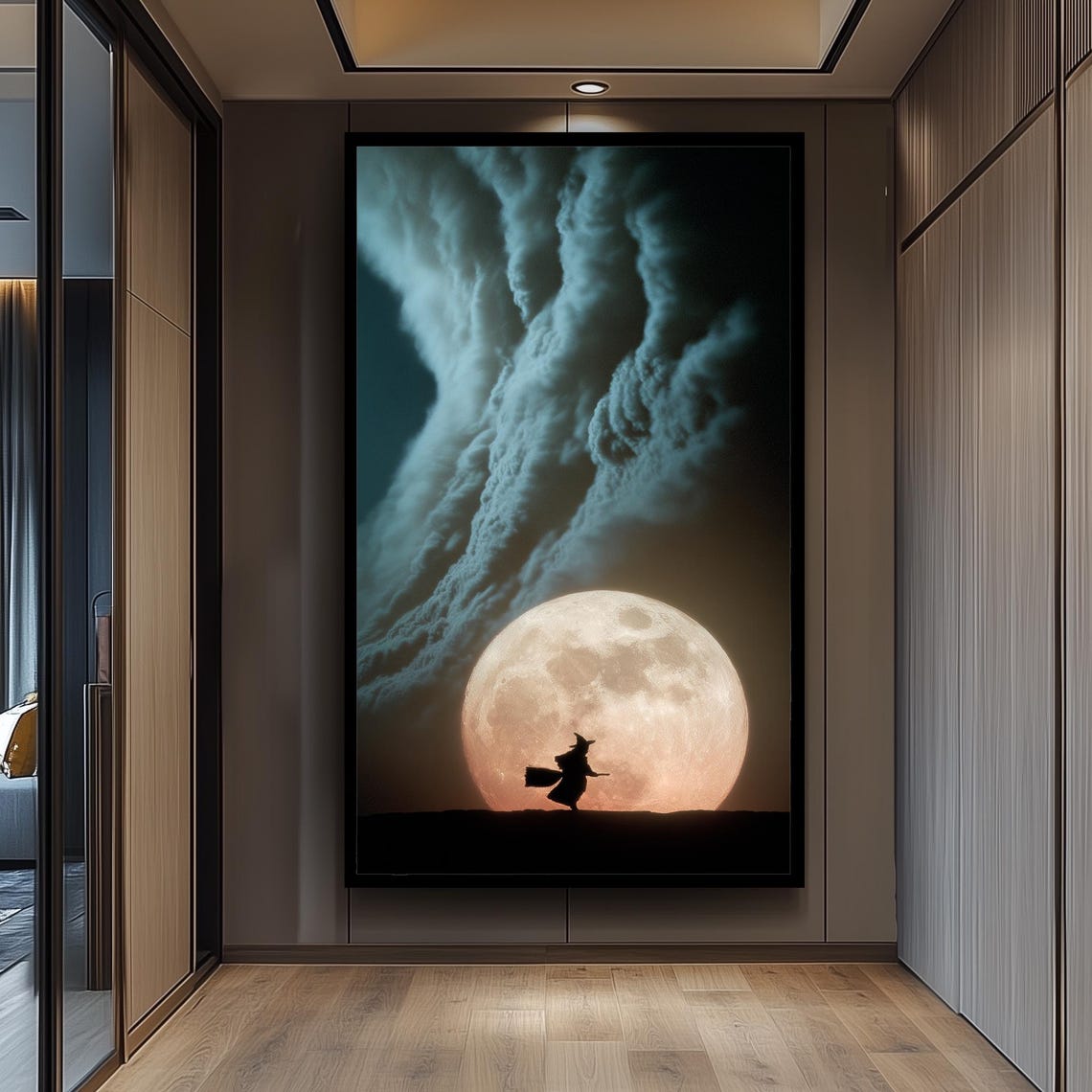 Witch Silhouette Before a Glowing Full Moon Dramatic Halloween Poster