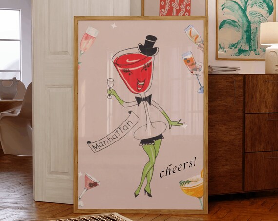 Cheerful Manhattan Cocktail Lady in Top Hat Retro Cheers Poster