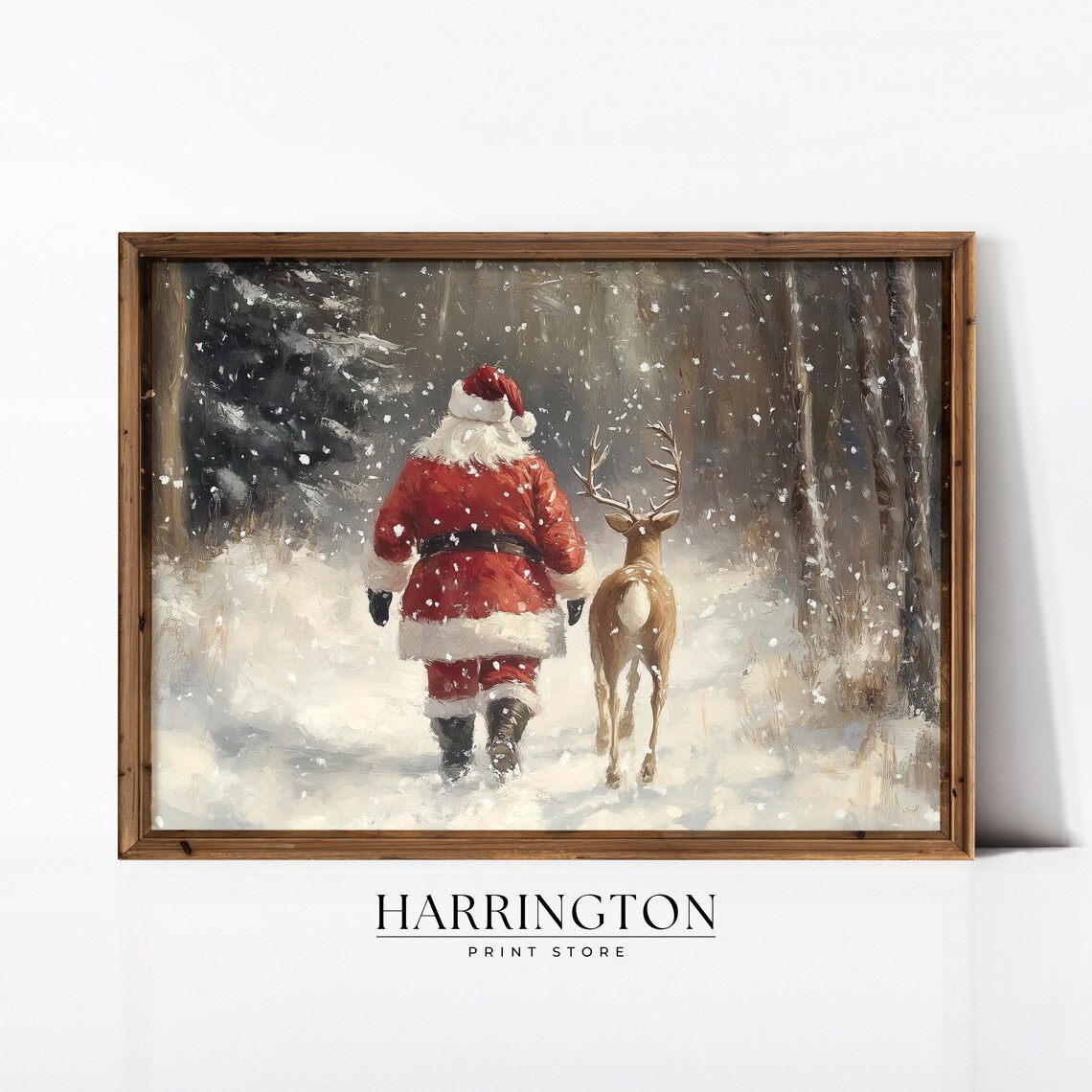 Santa Claus and Reindeer Winter Christmas Art Print