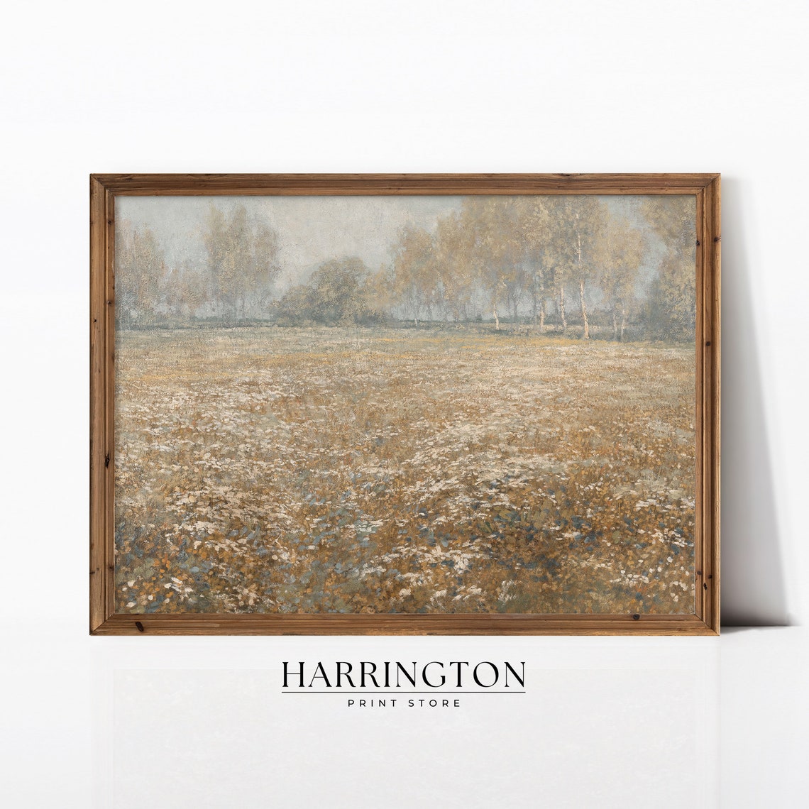 Spring Wildflower Meadow Birch Trees Misty Golden Vintage Art Print