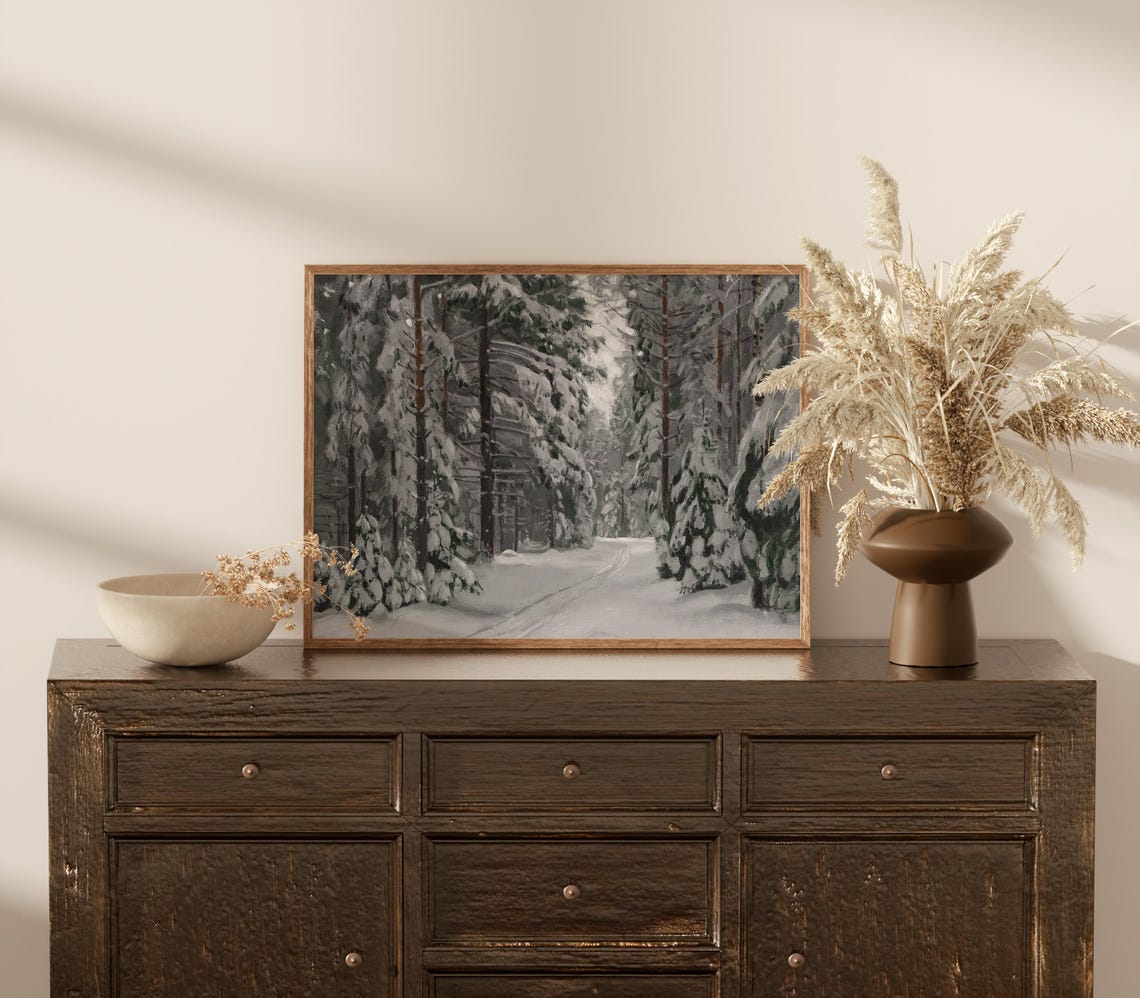 Moody Snowy Pine Forest Path Winter Landscape Vintage Art Poster - Image 4