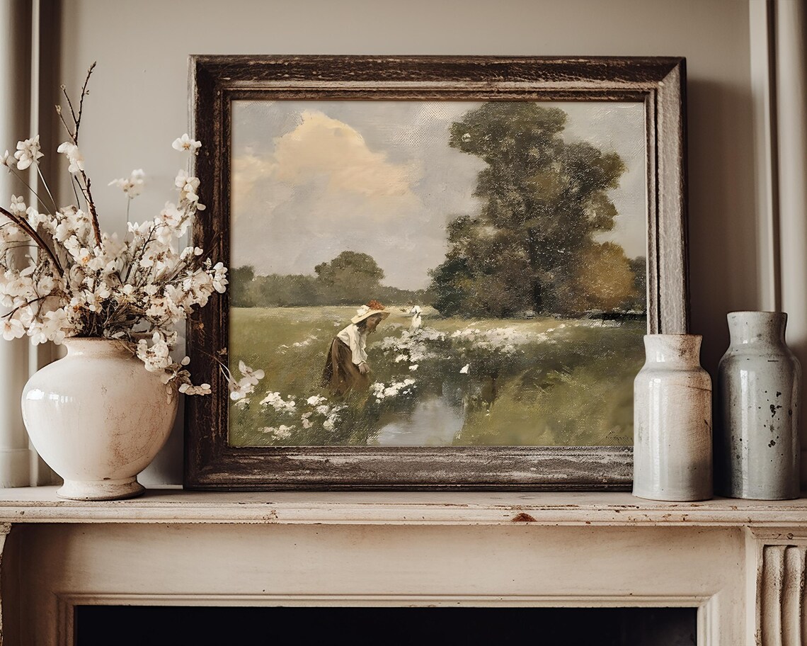 Woman Gathering Wildflowers Meadow Stream Vintage Oil Painting Poster - Image 4