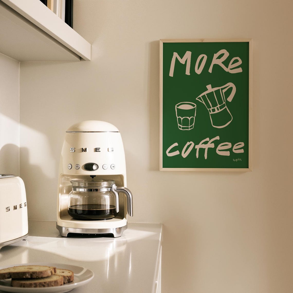 More Coffee Typography Poster Green Moka Pot Kitchen Counter Decor