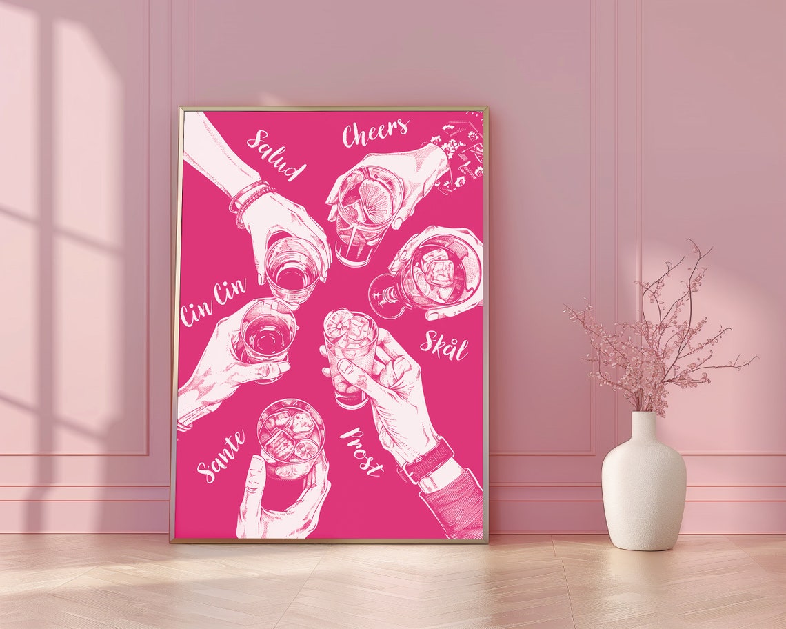 Cheers Hands Pink Toast Salud Skol Prost Multilingual Bar Poster - Image 3