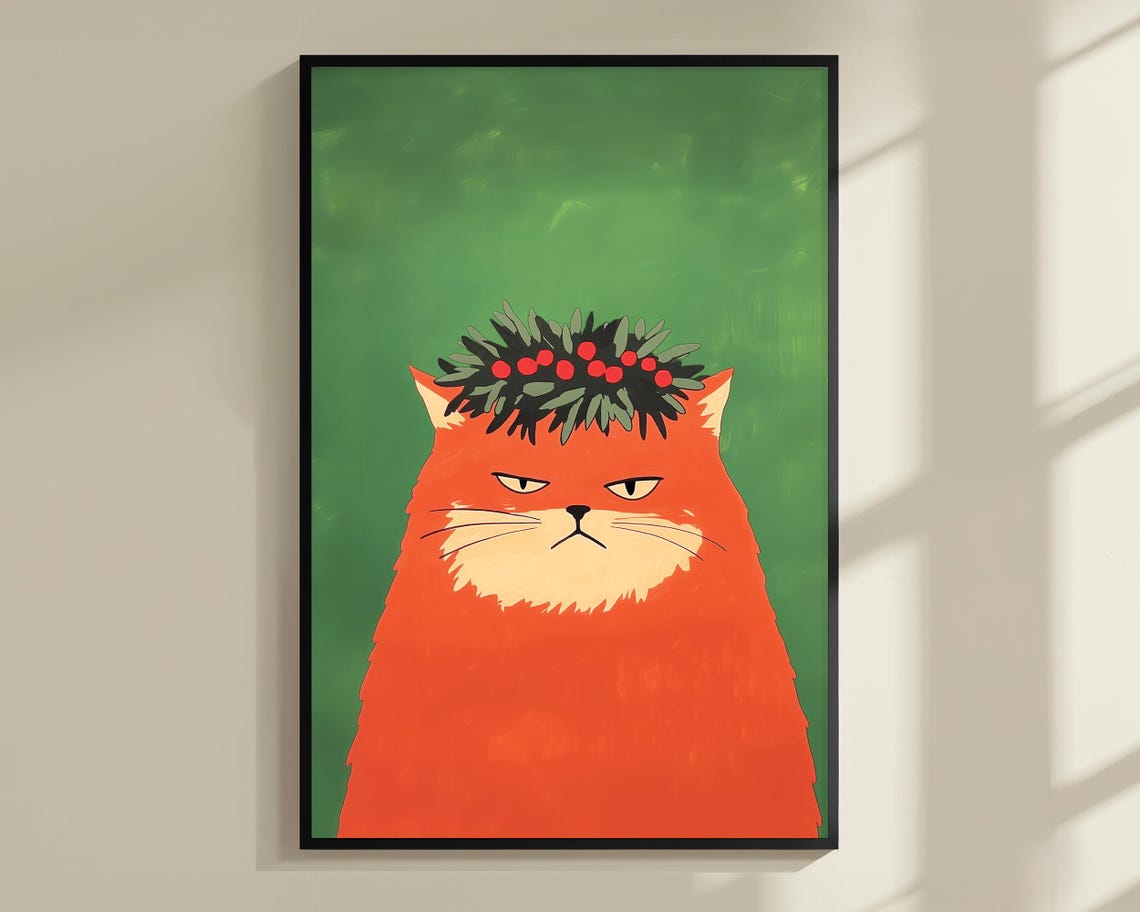 Ginger Cat With Christmas Wreath Cat Poster Print Christmas Print Xmas Poster Funny Animal Print Vivid Oil Painting Orange Cat Art - Image 3