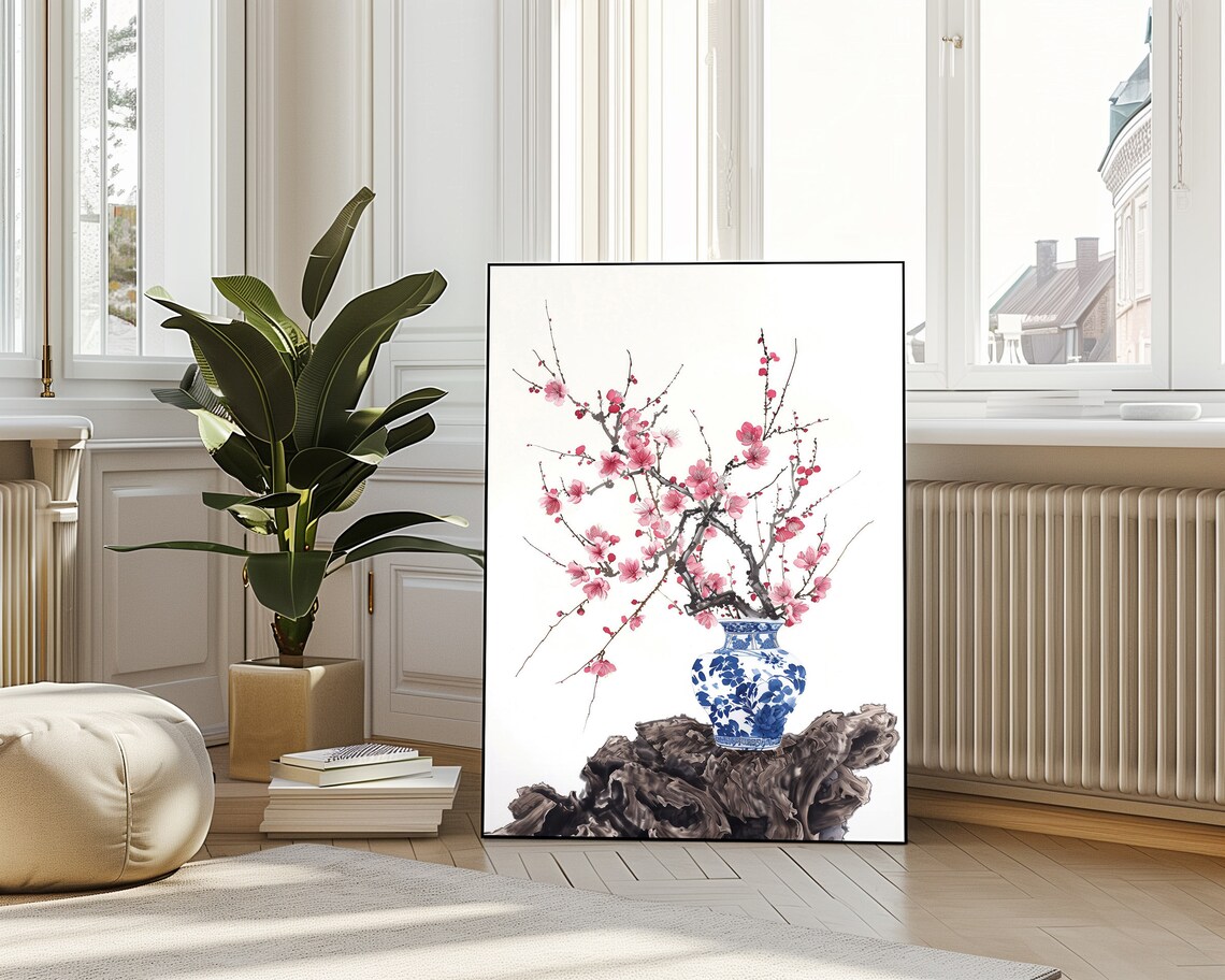 Plum Blossom Blue Porcelain Vase Ink Wash Chinese Spring Flower Poster - Image 4