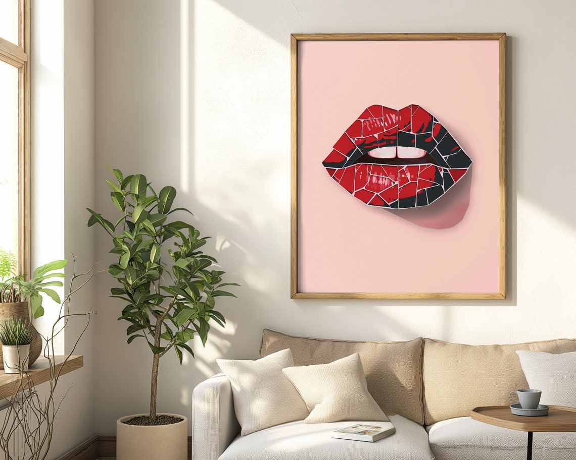 Red Mosaic Tile Lips Pink Pop Art Glam Modern Bold Beauty Poster - Image 3