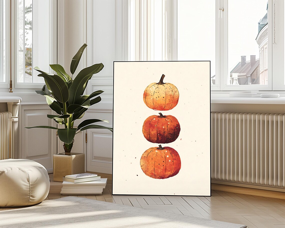 Three Watercolor Pumpkins Orange Stack Minimal Fall Autumn Harvest Poster - Image 3