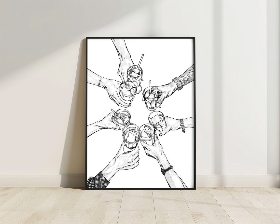 Cheers Hands Cocktail Toast Friends Celebration Sketch Poster