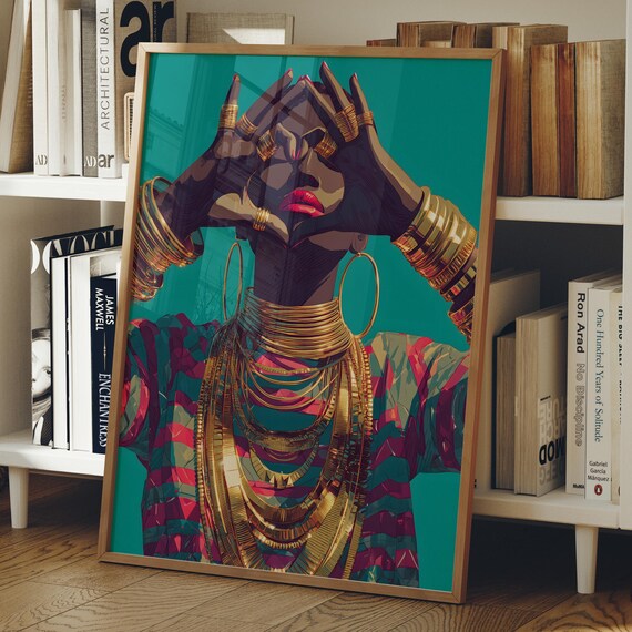 Afro Woman Portrait Art Bold Gold Jewelry Modern African Poster Digital Download
