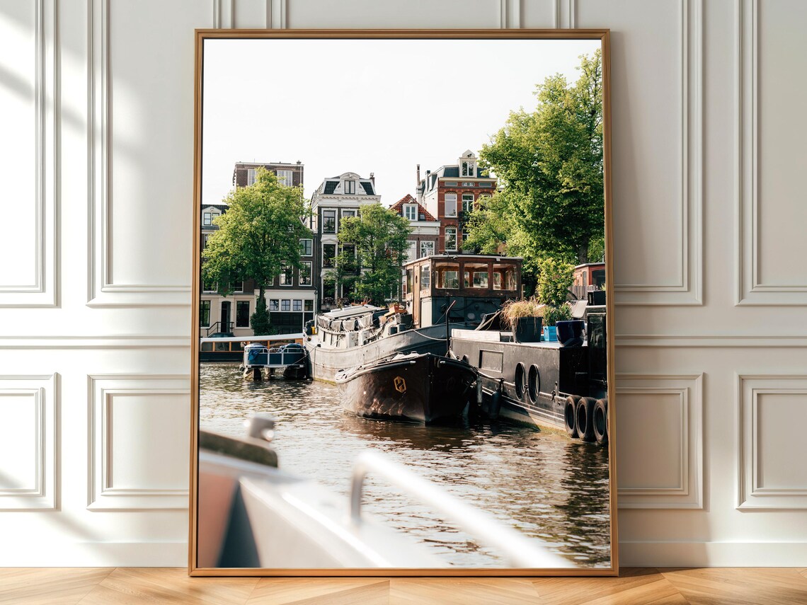 Amsterdam Canal Houseboats Print Dutch Cityscape Photography