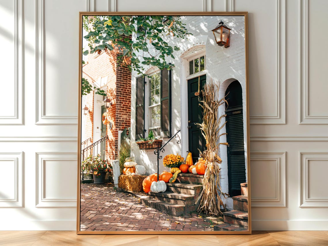 Fall Porch Pumpkins Corn Stalks Autumn Decor Photography Poster