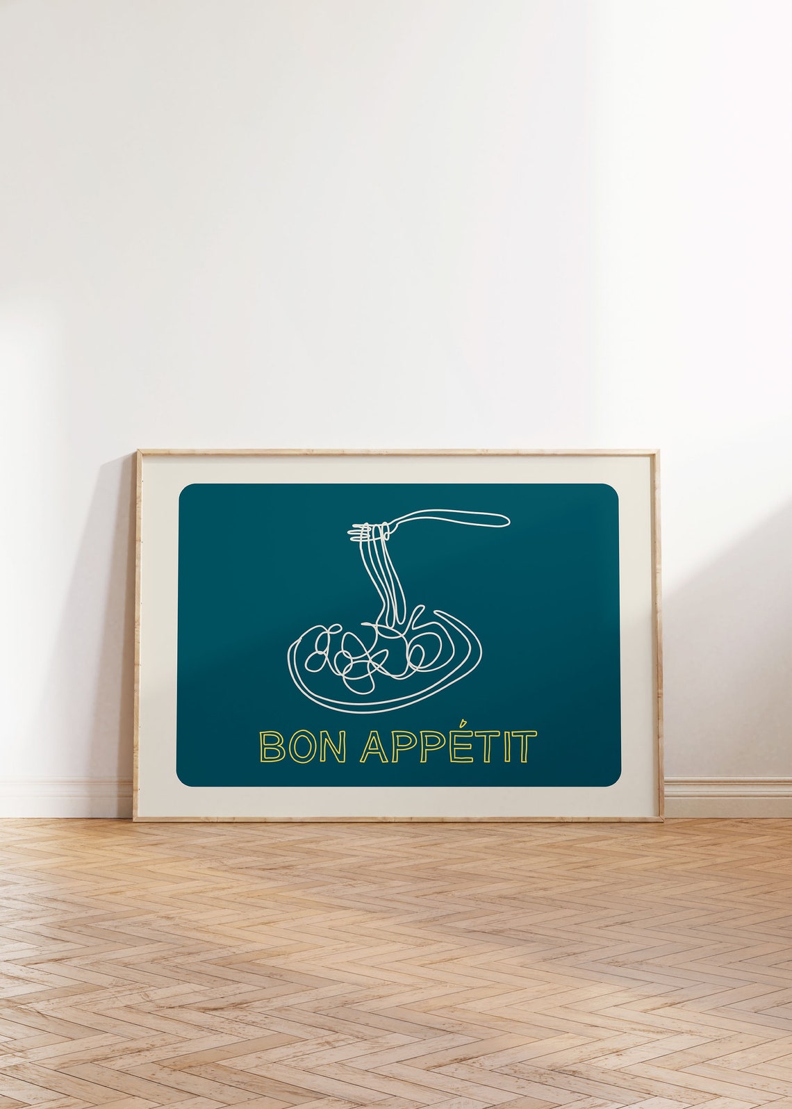 Bon Appetit Teal Spaghetti Line Art French Kitchen Dinner Poster - Image 2