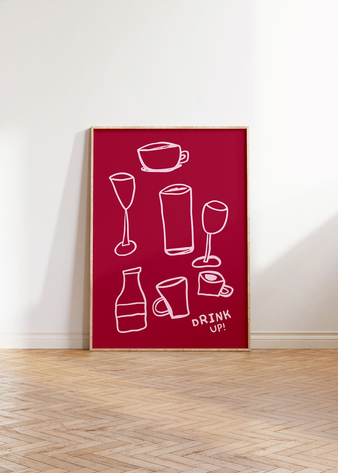 Red Drink Up Cream Line Art Cocktail Glasses Bar Decor Poster - Image 2