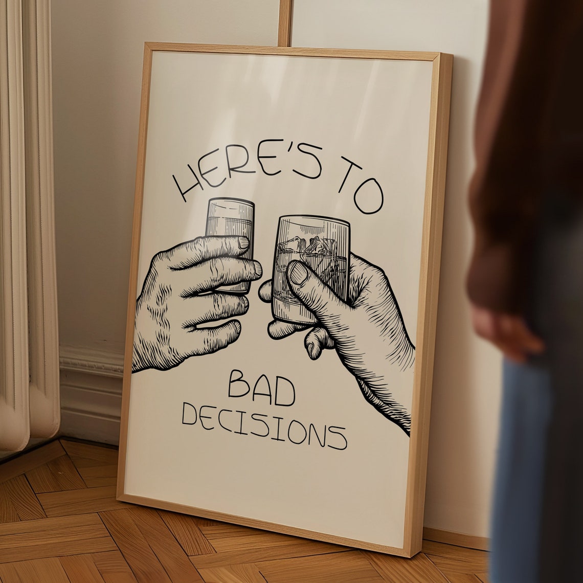 Heres To Bad Decisions Toasting Hands Engraved Style Bar Poster - Image 3