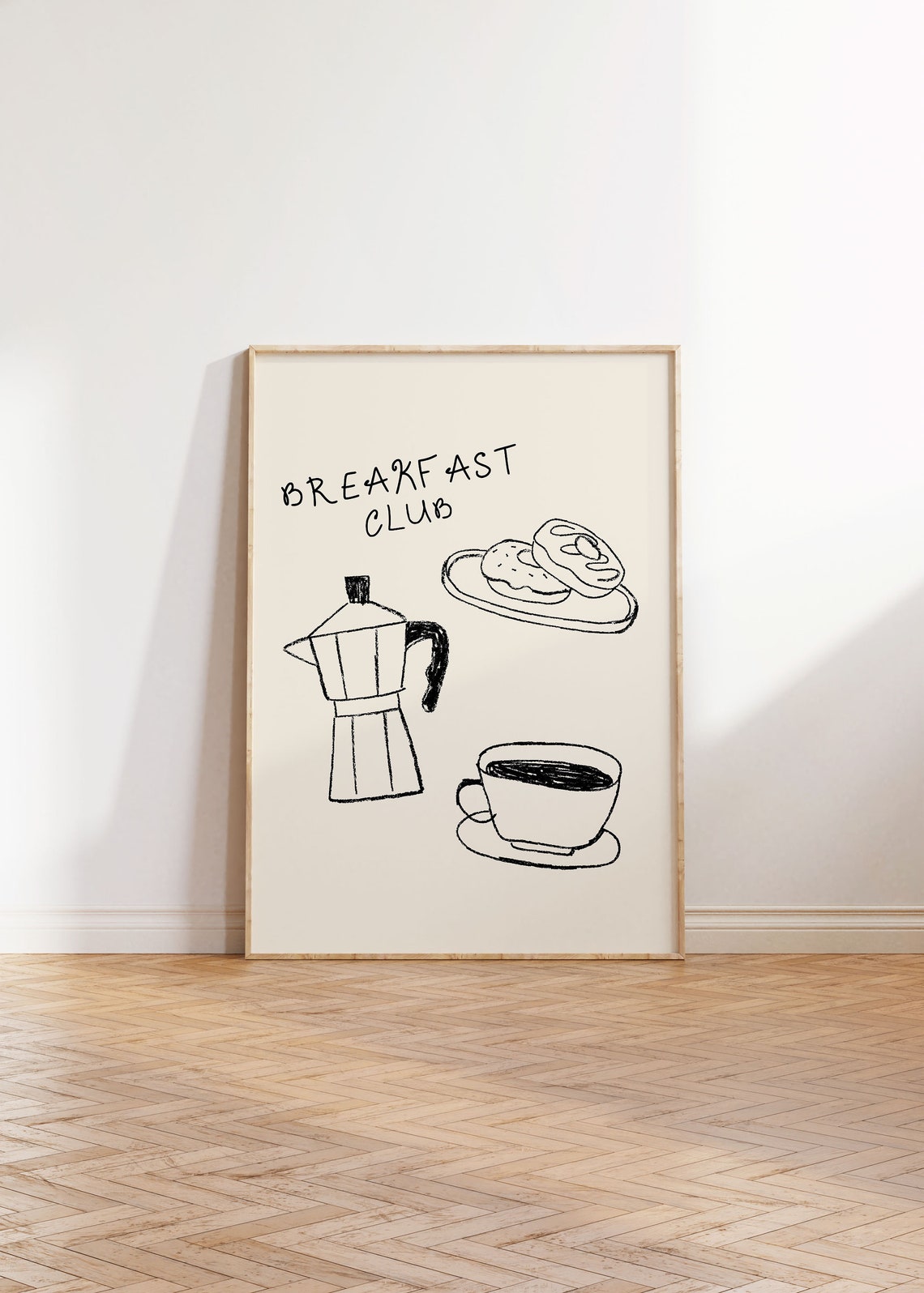Breakfast Club Black Line Art Moka Pot Donuts Beige Kitchen Poster - Image 3
