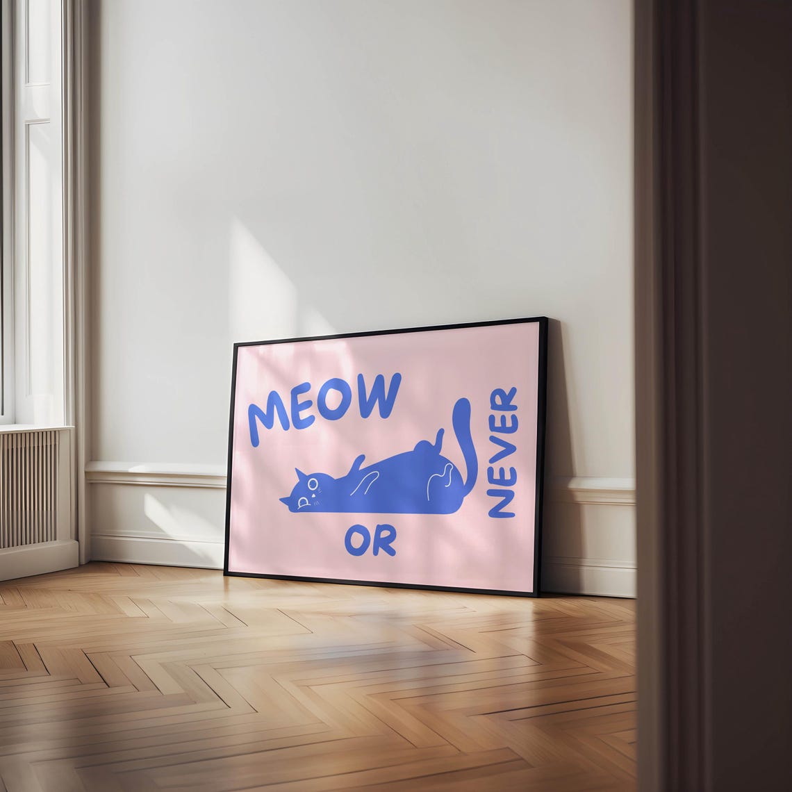 Meow or Never Blue Cat Pink Background Funny Cat Lover Wall Poster - Image 3