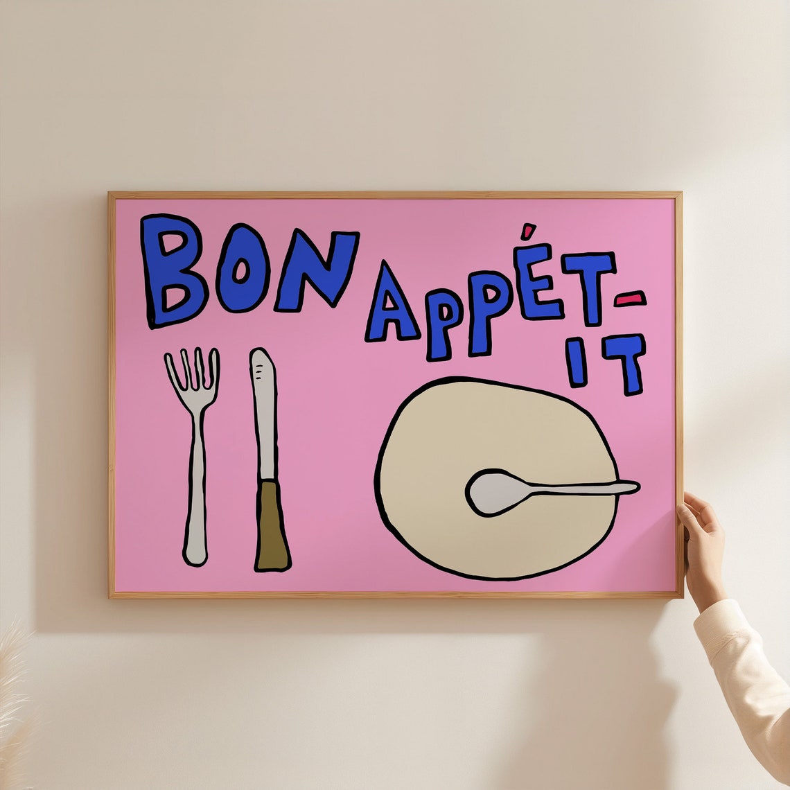 Bon Appetit Pink Horizontal Kitchen Decor Fork Knife Plate Poster - Image 3