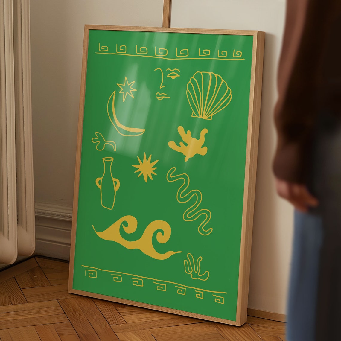 Greek Coastal Icons Gold Line Art on Green Shell Moon Poster - Image 5