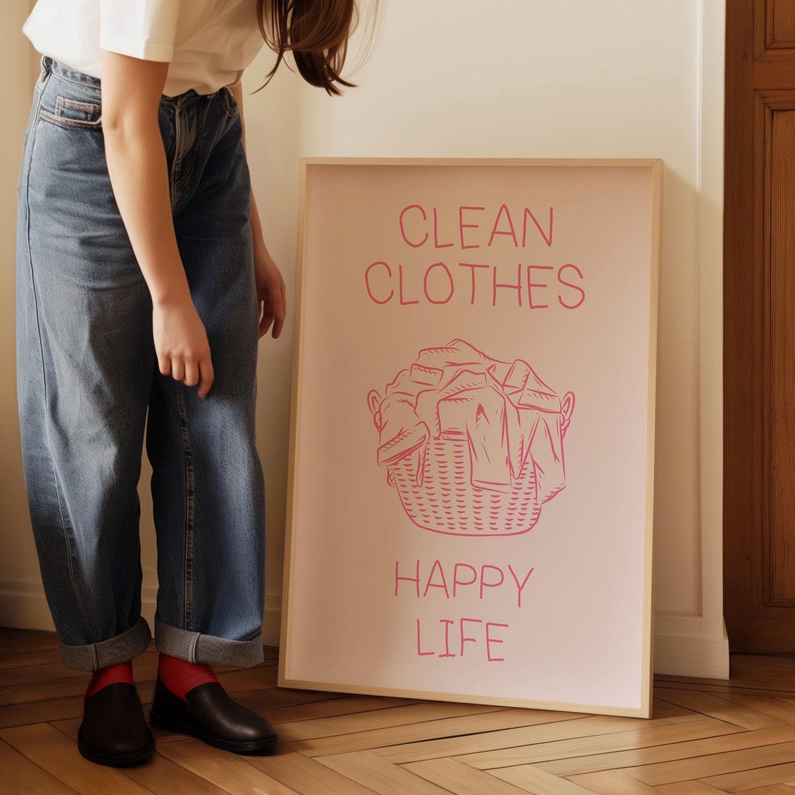 Clean Clothes Happy Life Laundry Poster Pink Laundry Basket Line Art - Image 3