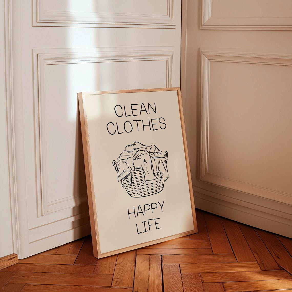 Clean Clothes Happy Life Laundry Poster Black Basket Line Art on Cream - Image 2