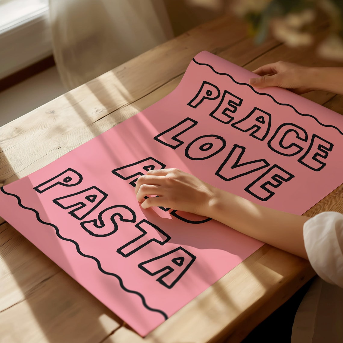 Peace Love And Pasta Hand Drawn Lettering Pink Kitchen Wall Poster - Image 4